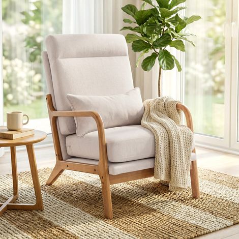 Fauteuil lounge, fauteuil d'appoint recouvert de lin avec assise large, soutien lombaire et dossier haut, 64 x 86 x 93 cm, couleur crème