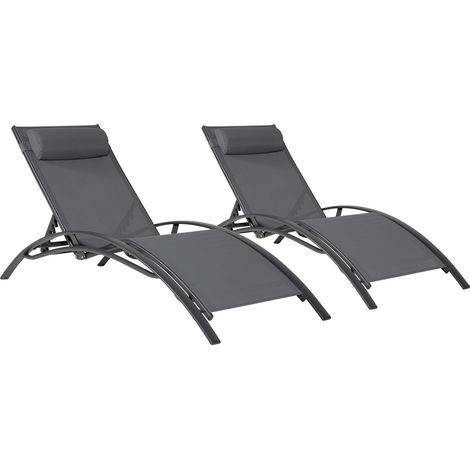 Happy Garden – Lot de 2 transats GALAPAGOS en textilène gris – Aluminium gris anthracite – Dossier inclinable 5 niveaux – Confort optimal avec coussins épais