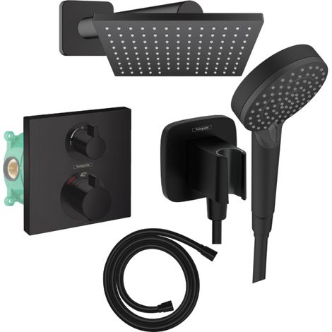 Hansgrohe – Colonne de douche encastrée thermostatique – Douche de tête 230x170mm noir mat – Flexible Isiflex 160cm anti-torsion – Mitigeur avec cartouche thermostatique