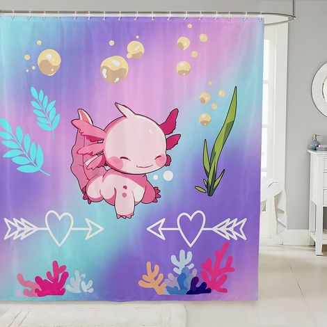 Rideau Douche 180x210cm Axolotl Fille Rideaux de Douche Salamandre Kawaii Rideau de Baignoire Motif Cœur Rideaux Salle de Bain Faune Monde sous Marin - 180L X 210H cm (1 Panneaux) (1/5)