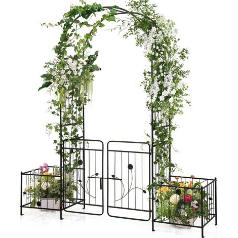 COSTWAY Arco da Giardino 220 cm, Pergolato in Metallo con Cancello Bloccabile e Fioriere Laterali, Arco per Piante Rampicanti e Viti da Uva, Decorazione per Cerimonia Matrimoniali (1/5)