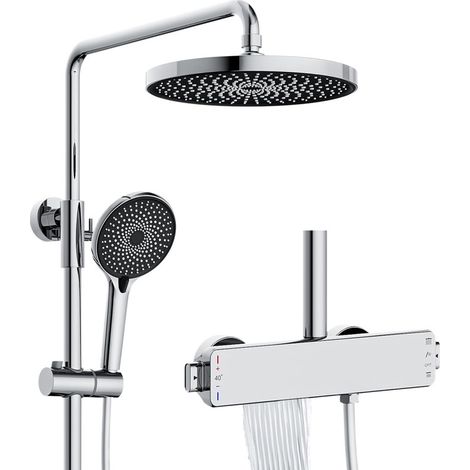 Duschsystem Chrom mit Thermostat, Regendusche mit Armatur, Messingkörper 3 in 1 Duscharmatur Komplettset mit 260 mm Duschkopf, Anti-Kalk-Düsen, 3 Modus Handbraus, Wanneneinlauf, Höhenverstellbar (1/4)