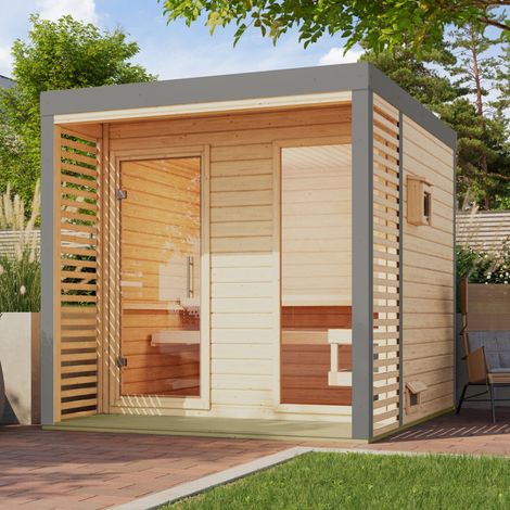 Sauna extérieur 4-5 places épicéa 38mm – Dimensions 231x276cm – Hauteur 232cm – Terrasse incluse – Résistant aux intempéries – Karibu