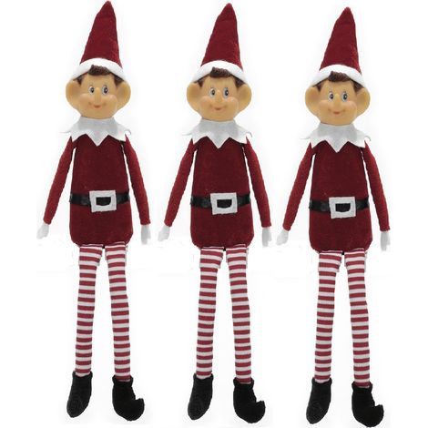 Set 3 Elfi in Tessuto pupazzo 38 cm Decorazione Natalizia con Cappello Rosso Pantaloni a Righe Bianche e Rosse & Piedi Pendenti Addobbi Casa e Albero di Natale
