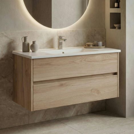 Meuble vasque suspendu 100 cm décor chêne 2 tiroirs MOANA (1/5)