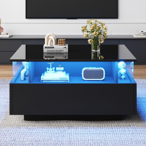 Table basse LED brillante 70x70x41 cm,2 tiroirs et vitrine transparente,charge 30 kg. Idéale pour salons élégants.-Yi (1/5)
