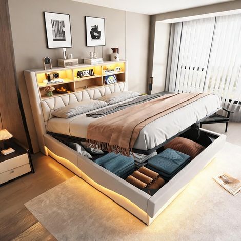 Cadre de lit beige en fer 221 x 183 x 131 cm (1/5)