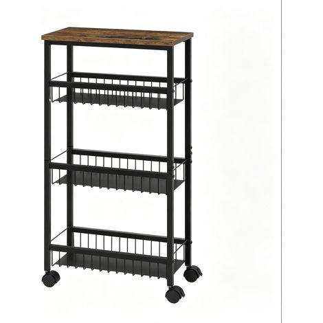 Carrello di servizio con ruote, carrello da cucina nero effetto legno vintage, MDF e metallo (1/5)