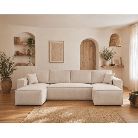 Canapé panoramique convertible AMBRI en velours côtelé – 6 places - 300 cm - Beige (1/5)