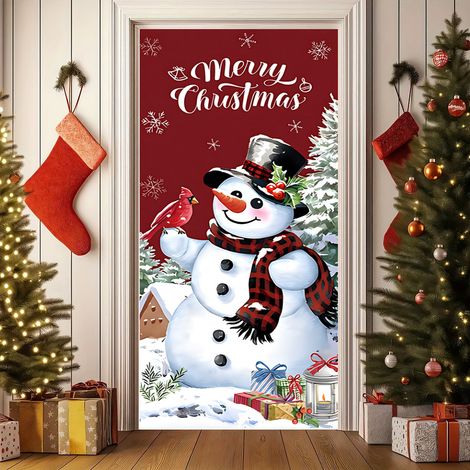 Décoration de Noël pour fête : guirlande, fanion, drapeau, décoration de porte, guirlande d'ambiance - 90 x 180 cm (perforé + ruban) - 11