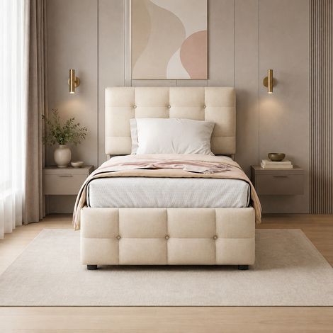 Letto bambino 90 x 200 cm con letto estraibile, testiera regolabile, lino beige HAVRYA (1/5)