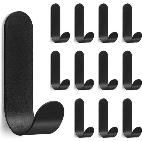 Lot de 12 crochets adhésifs - En acier inoxydable - Sans perçage - Pour serviettes de salle de bain et cuisine - Noir (1/5)