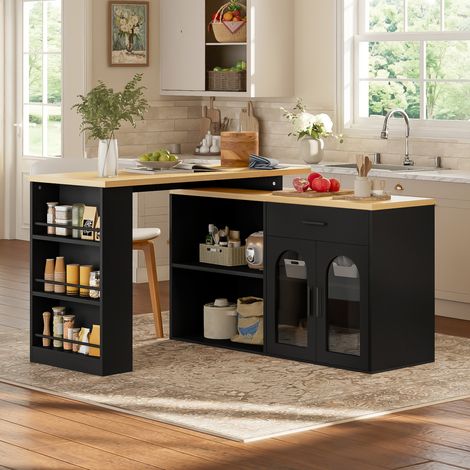 Mobile da cucina con tavolo girevole a 360°, 136 x 50 x 78 cm, MDF nero e naturale HAVRYA (1/5)