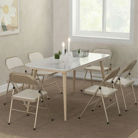 Ensemble de 6 chaises pliantes en métal beige, assise rembourrée en lin, dossier ouvert, pour intérieur (1/5)