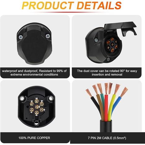 Pin Female Trailer Socket with Cable 2 m Pre-Wired 7 Wires x 1.5 mm² for Car Trailers, Bike Carriers, Agricultural Machinery