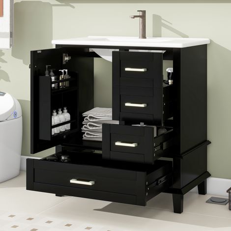Meuble vasque noir laqué 76x46x83,5cm, lavabo céramique intégré, armoire avec étagère porte, 3 tiroirs silencieux, étagères ajustables