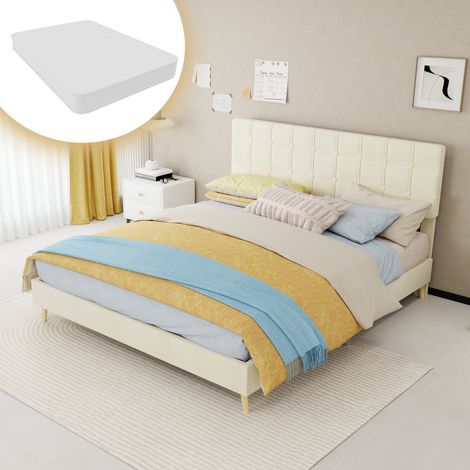 Lit double 160x200 cm tissu beige, tête de lit capitonnée luxe, lit moderne pour chambre parentale et chambre secondaire (avec matelas) (1/5)
