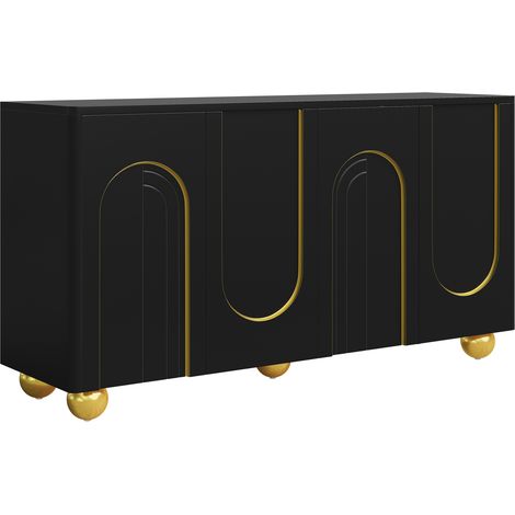 Aparador negro de 4 puertas con detalles de arco dorados y patas de metal, 140x40x74 cm (1/5)