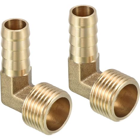Raccord Cannelé 12mm Barbelé à 1/2" PT Mâle Filetage Tuyau x 2PCS 90 Degré Coude Laiton Barbillon Tuyau Raccord pour Air Eau Carburant Pneumatique Tuyau, Or (1/5)