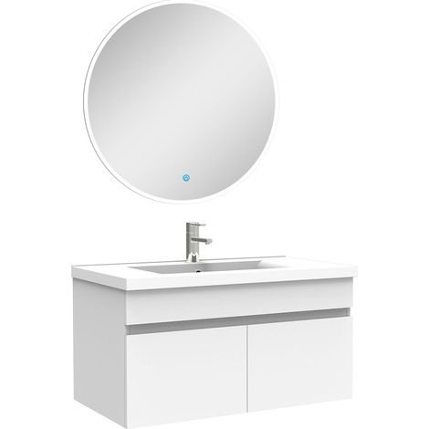 Ensemble meubles Salle de Bain simple vasque 80cm + miroir rond lumineux Blanc