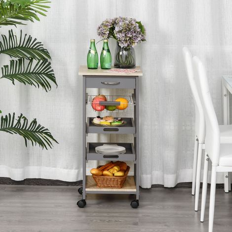 Carrito de cocina con ruedas, cesta + 2 bandejas extraíbles, cajón, estante de madera de roble claro.