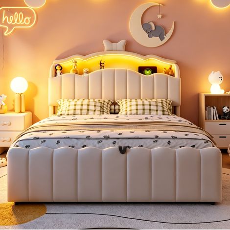 Polsterbett 140x200 cm mit LED, USB und USB-C, beige OKMYHOME (1/5)
