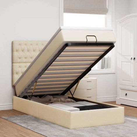 Cadre de lit ottoman avec matelas crème 90x190 cm tissu (1/5)