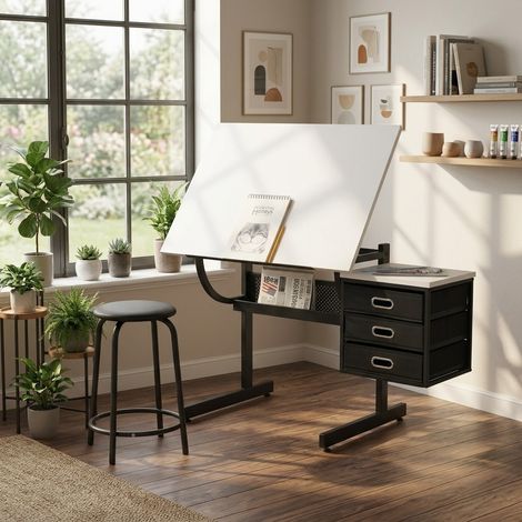 Table à dessin réglable 35,43 x 23,62 pouces avec 3 tiroirs de rangement et tabouret, métal blanc (1/5)