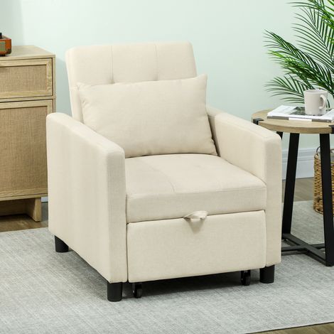 Sofá Cama de 1 Plaza Tapizado en Lino con Respaldo Ajustable de 3 Niveles y Almohada Acolchada 69x82,5x84 cm Beige (1/5)