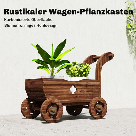 Carré potager surélevé en bois, design chariot, 4 roues + poignée, 68x38x52 cm (1/4)