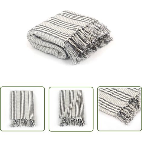 The Living Store Couverture coton à rayures 160x210 cm Gris et Blanc - Couverture Moelleuse - Plaid Gris - Décoration Intérieure - Housse De Coussin - Couvertures Rayées (1/5)