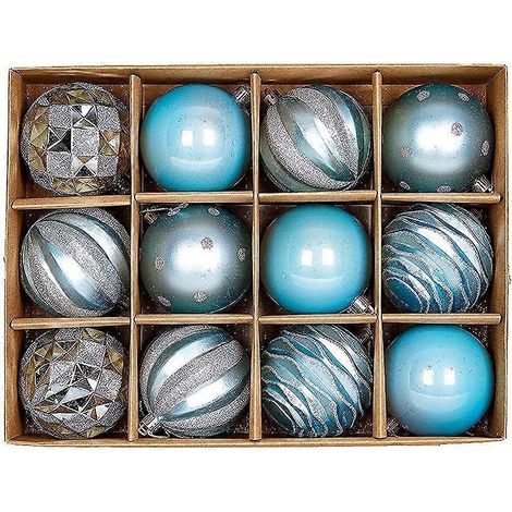 Weihnachtskugeln, 12er-Set aus Kunststoff, 6 cm, kleine Dekorationen für den Weihnachtsbaum, hellblau