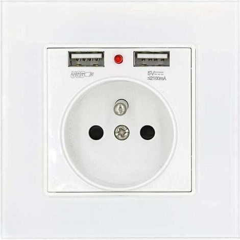 Prise de Courant Panneau en Verre Prise Standard Français Murale avec Indicateur de Puissance de Charge Usb Double 2.1A, Prise Standard Français Encastrée 16A 250V Blanc