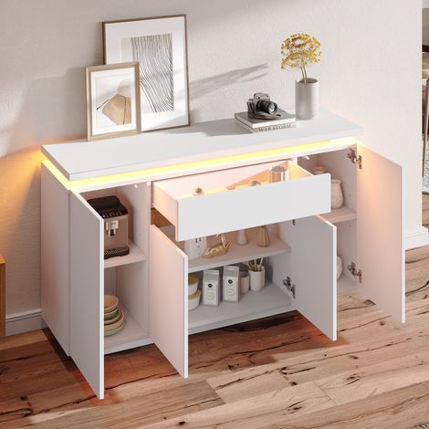 Buffet avec éclairage LED – commode à 1 tiroir et 4 portes, pour salon, entrée ou cuisine, blanc, dimensions (L/P/H) : 140 x 40 x 80 cm (1/5)