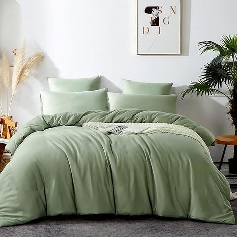 Housse de Couette 200x200 Taie d'oreiller 65x65cm Vert Sauge (1/5)