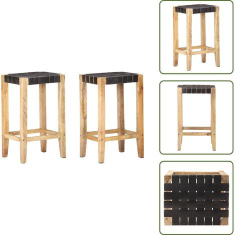 Tabourets de bar lot de 2 noir cuir véritable 75 cm - Tabouret De Bar - Chaise De Bar - Fauteuil De Bar - Mobilier De Cuisine - Décoration Intérieure (1/5)