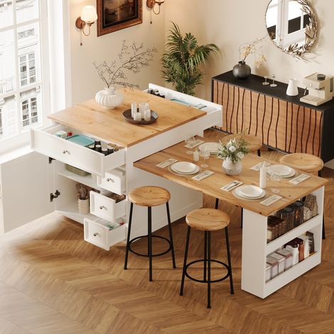 Mueble cocina extensible con ruedas y cajones blanco HAVRYA (1/5)