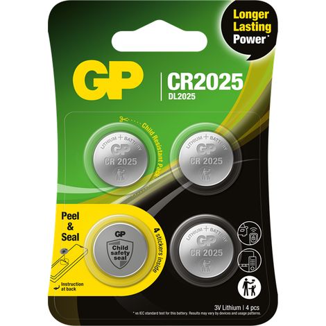 GP - Lithium Cell Battery CR2025, 3V, Safety Seal, 4-pack