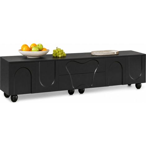 Meuble TV 180 cm noir avec pieds en bois et rangements, deux tiroirs, grande niche pour box et consoles, design moderne minimaliste pour salon - CHICFURN (1/5)