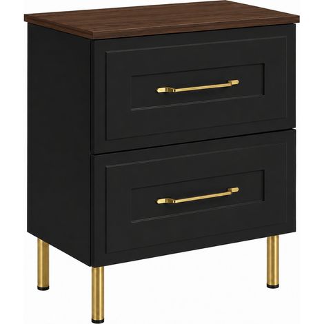 Mobile sottolavabo con piedini 60 cm, 2 cassetti, con piano, Nero / piano Rovere Noce, maniglie dorate, gambe dorate, 60 x 46 x 73,6 cm (1/5)
