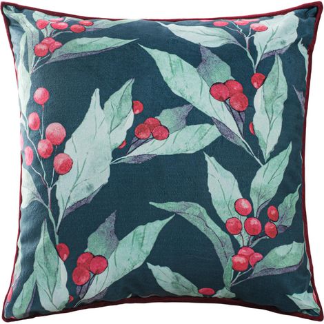 Dekorativer Kissenbezug 43x43 cm, weicher Samtstoff mit floraler Borte (1/3)