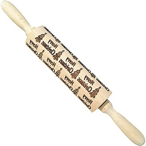 Mattarello in legno con motivo natalizio, mattarello per goffratura 3D, mattarello natalizio 3D, rullo antiaderente per pasta di zucchero goffrata (Buon Natale) (1/5)