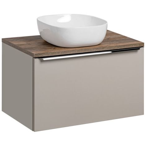 Meuble Salle de Bain 80 cm avec Plateau effet bois vintage et Vasque à poser - Taupe mat et chrome - Rosario - Livraison gratuite