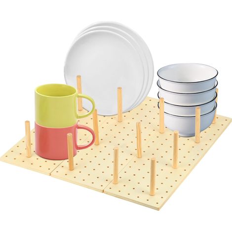 Lot de 3 organiseurs de tiroir en bois perforé de 43,2 x 15 cm avec 34 piquets en bois pour tiroir, étagère, système de pinces à linge pour vaisselle, assiette, casseroles, conteneurs, ustensiles de (1/5)