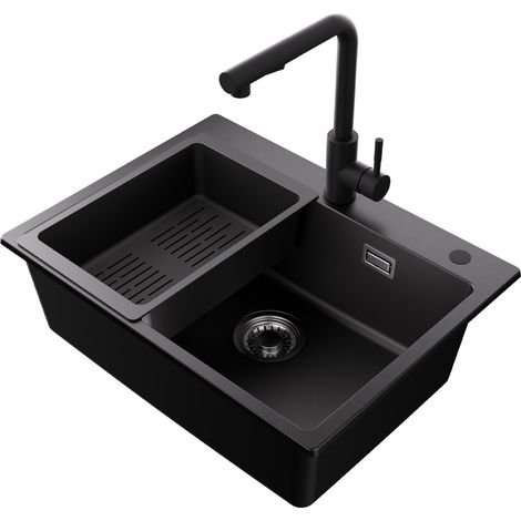 Lavello in granito 60 × 45 cm, Sofetiy Max lavello da cucina in resina con miscelatore estraibile, lavello da appoggio incl. cestello scolapiatti e sifone (1/5)