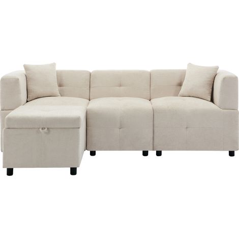 Divano angolare a L 3 posti in ciniglia beige con pouf contenitore e 2 cuscini (1/5)
