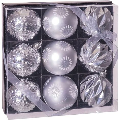 Set de 9 boules de Noël argentées décorées - 8cm (1/3)