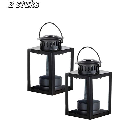 Lot de 2 lanternes porte bougies chauffe plat suspendues en métal style vintage pour table cheminée mariage et Noël couleur noire (1/5)