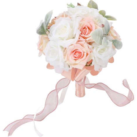 Bouquet nuptial mariée demoiselle d'honneur à main roses artificielles ruban souple déco fête cérémonie coloris rose (1/5)