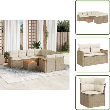 The Living Store 9-tlg. Garten-Sofagarnitur mit Kissen Beige Poly Rattan - Gartenmöbel Set - Outdoor Lounge - Rattan Gartenset - Esstisch Set - Balkonmöbel